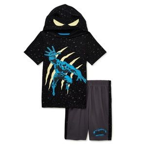 Black Panther Boys Cosplay Hooded Top & Shorts, 2-Piece Outfit Set, Size: 5 & 6